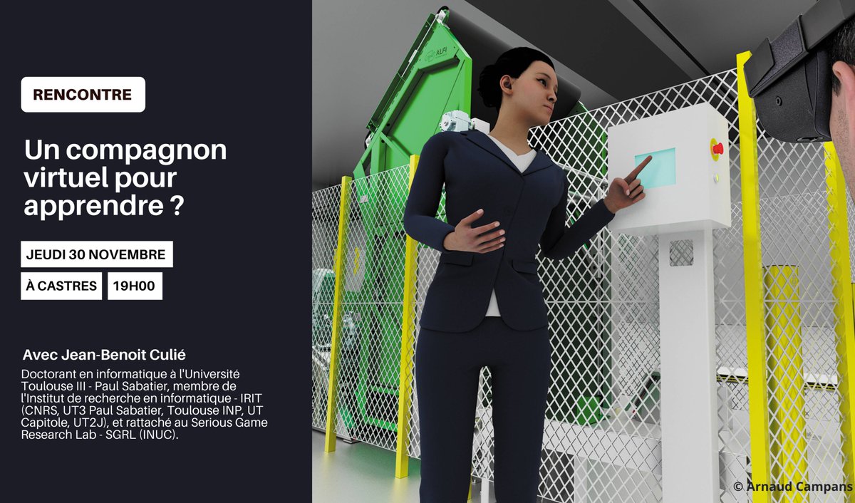 #Exploreur ❓ Que diriez-vous d'un compagnon virtuel pour apprendre ? Venez vous questionner et échanger sur le sujet avec Jean-Benoit Culié, doctorant en informatique.

📅 Jeudi 30 novembre
🕰️ De 19h à 21h
📍 Table des ateliers, Castres

Plus d'infos 👉 echosciences-sud.fr/communautes/ex…