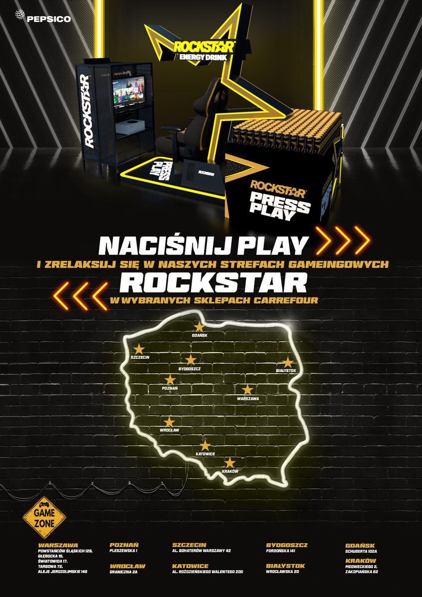 🎮 Strefa gameing’owa... w sklepie?! Oczywiście! Do 31 listopada zapraszamy do naszych stref #Rockstar i #Doritos w wybranych sklepach @CarrefourPolska. Lista sklepów na grafice. 🕹️ #naciśnijplay