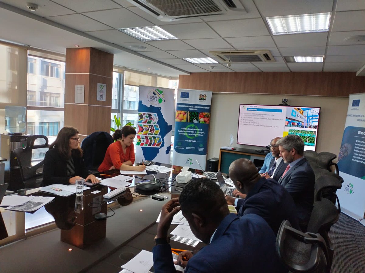 EUAmbKenya's tweet photo. The meeting centred on the inaugural year of #BEEP, underlining our commitment to fostering an upswing in Kenyan exports to the World. 🇰🇪🇪🇺 #EUinKenya #TradeCollaboration https://t.co/uAdrPAFGmm