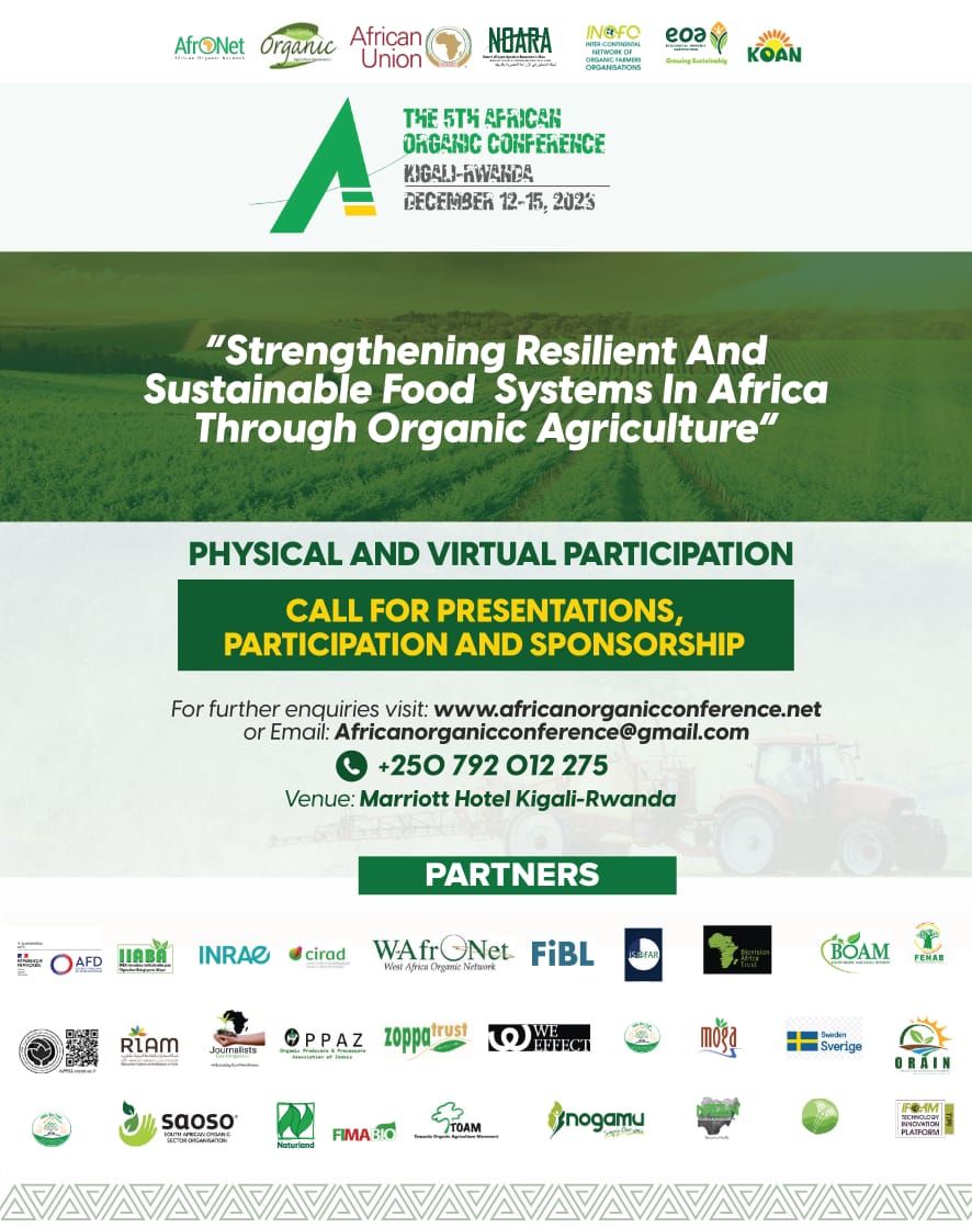 🌍 Join us at "The 5th African Organic Conference in Kigali, Rwanda at Marriot Hotel from 12-15 December 2023"  Seize the opportunity to present, participate, and sponsor!🤝
Visit for details 👉africanorganicconference.net
#AOC2023 
<a href="/_AfricanUnion/">African Union</a> <a href="/AfrONet_/">AfrONet</a> <a href="/ifoamorganics/">IFOAM - Organics International 🌱💚</a> <a href="/EOA_Africa/">EOA Initiative</a>