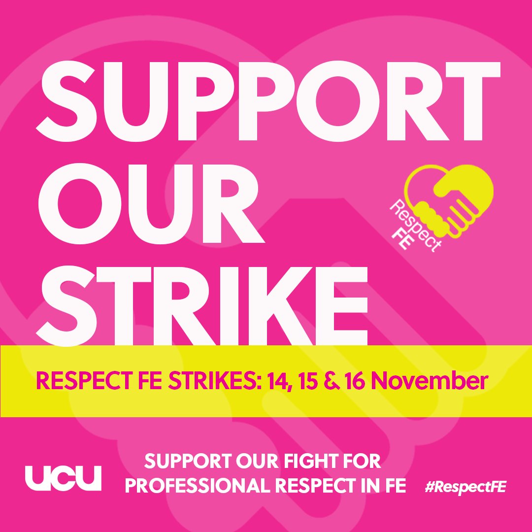 Further education staff are on strike across England in a fight for better pay and working conditions 📢

UCU has negotiated deals in many colleges but some bosses are holding out

Share this post and keep the pressure up ✊

#RespectFE