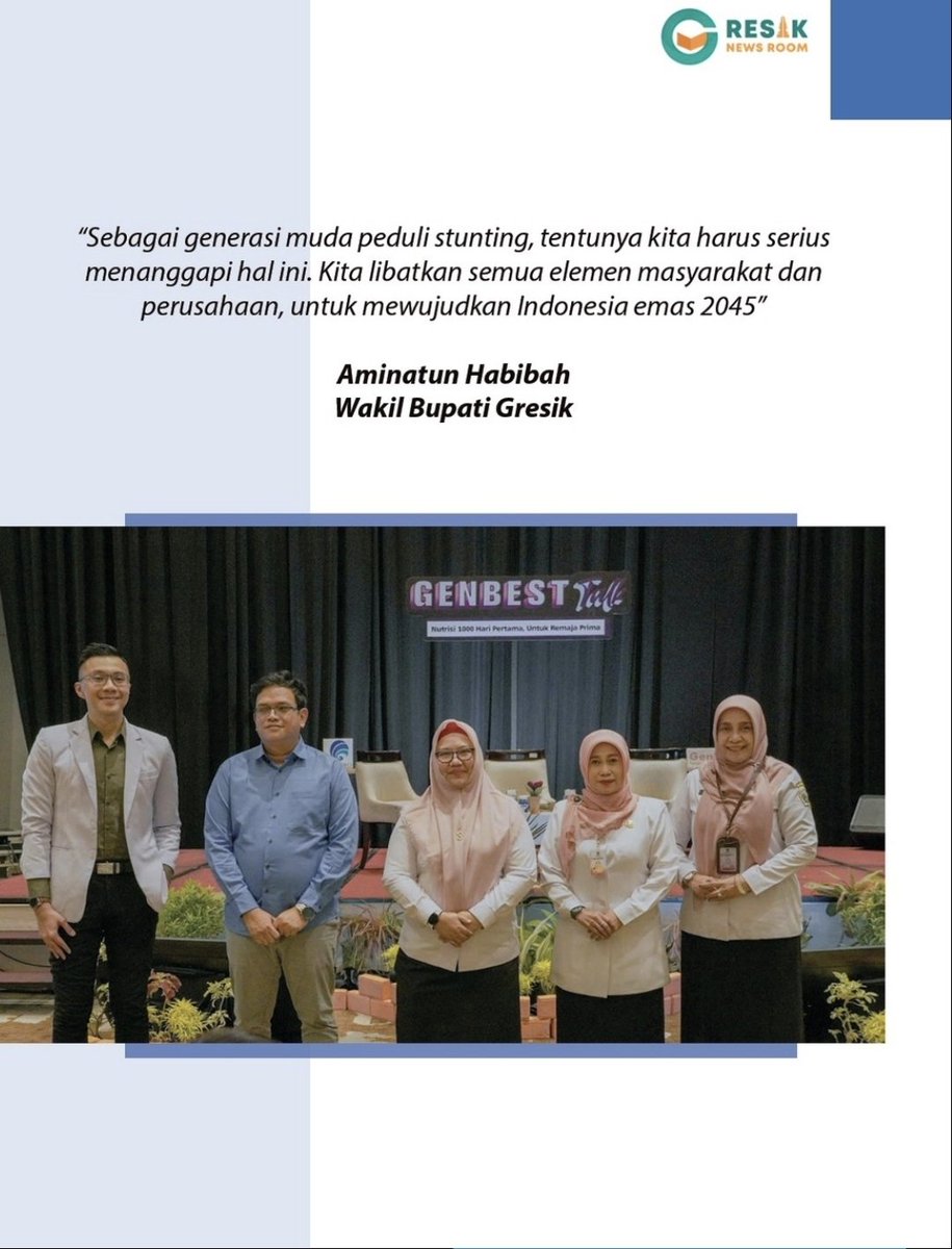 Wakil Bupati Gresik Aminatun Habibah, mengajak ratusan anak muda Gresik mengkampanyekan bahaya stunting. Hal ini wabup utarakan saat membuka acara Genbest Talk : Nutrisi 1.000 Hari Pertama, Untuk Remaja Prima di Hotel Aston Inn Gresik, Rabu (15/11/2023).