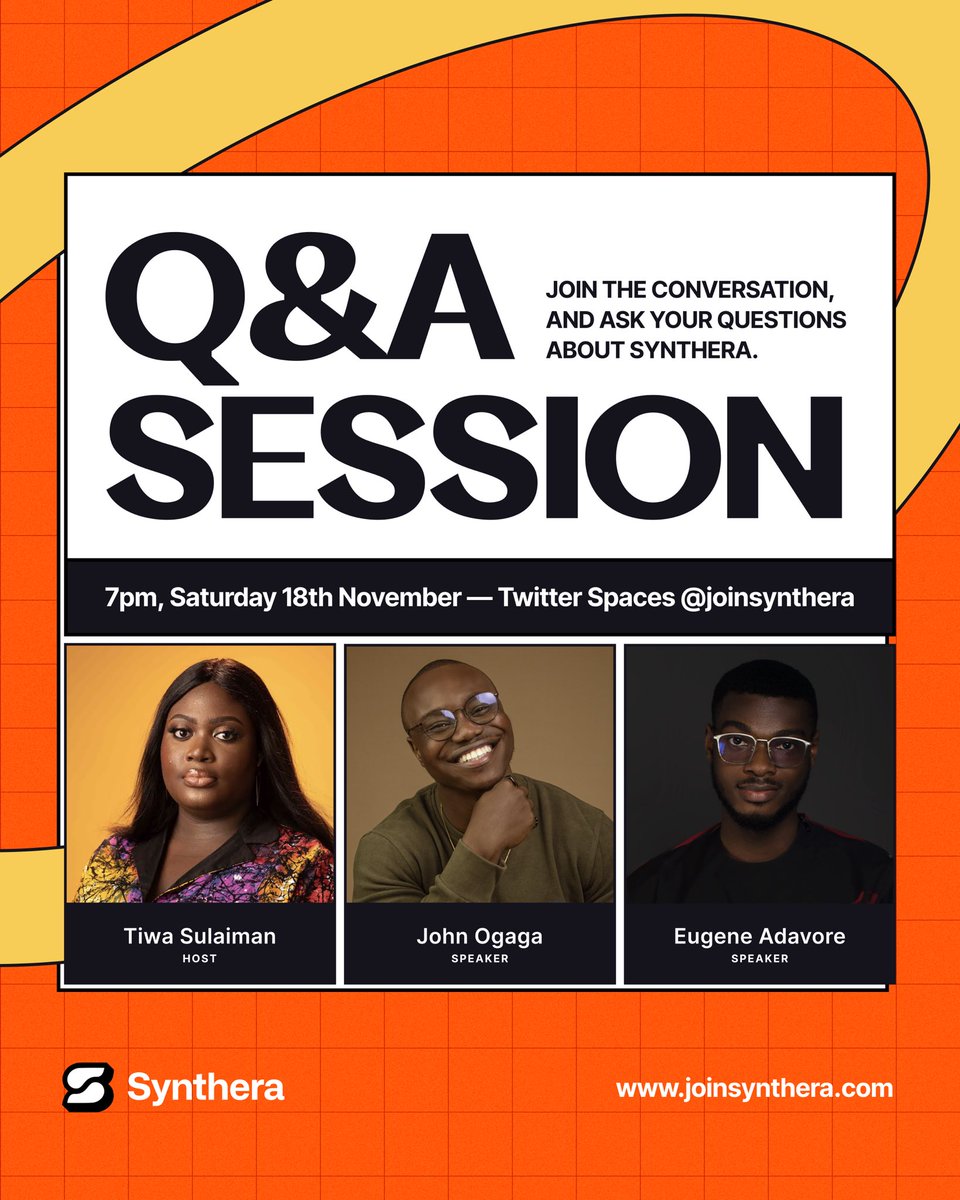 joinsynthera's tweet photo. 🚨🚨🚨
Q and A session alert!

Synthera’s first live Q&A session is coming soon. 

Join us via Twitter Space this Saturday, November 18th, at 7pm. Your burning questions will get our expert answers!

Engage in a vibrant discussion and mark your calendars for an enlightening session. We can't wait to connect with you!
https://t.co/b9xGMi4w1r