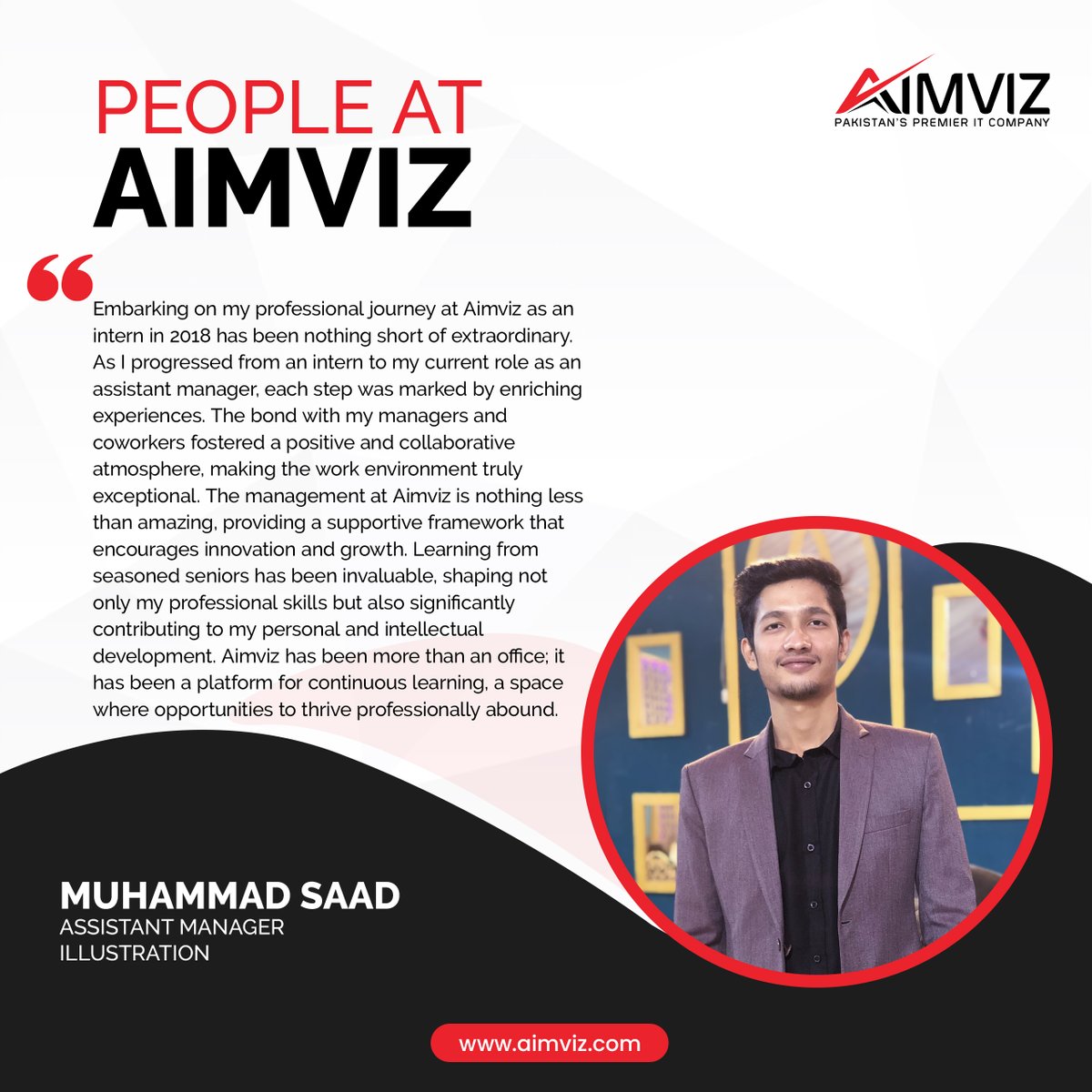 AimvizOfficial's tweet photo. Meet Muhammad Saad, an essential part of Aimviz, who brings not only expertise but also a heartwarming presence to our team! His dedication and friendly nature shine through in every aspect of his outstanding contributions. 

#AimvizJourney #PeopleatAimviz #LifeatAimviz https://t.co/fBg9OHrw9I