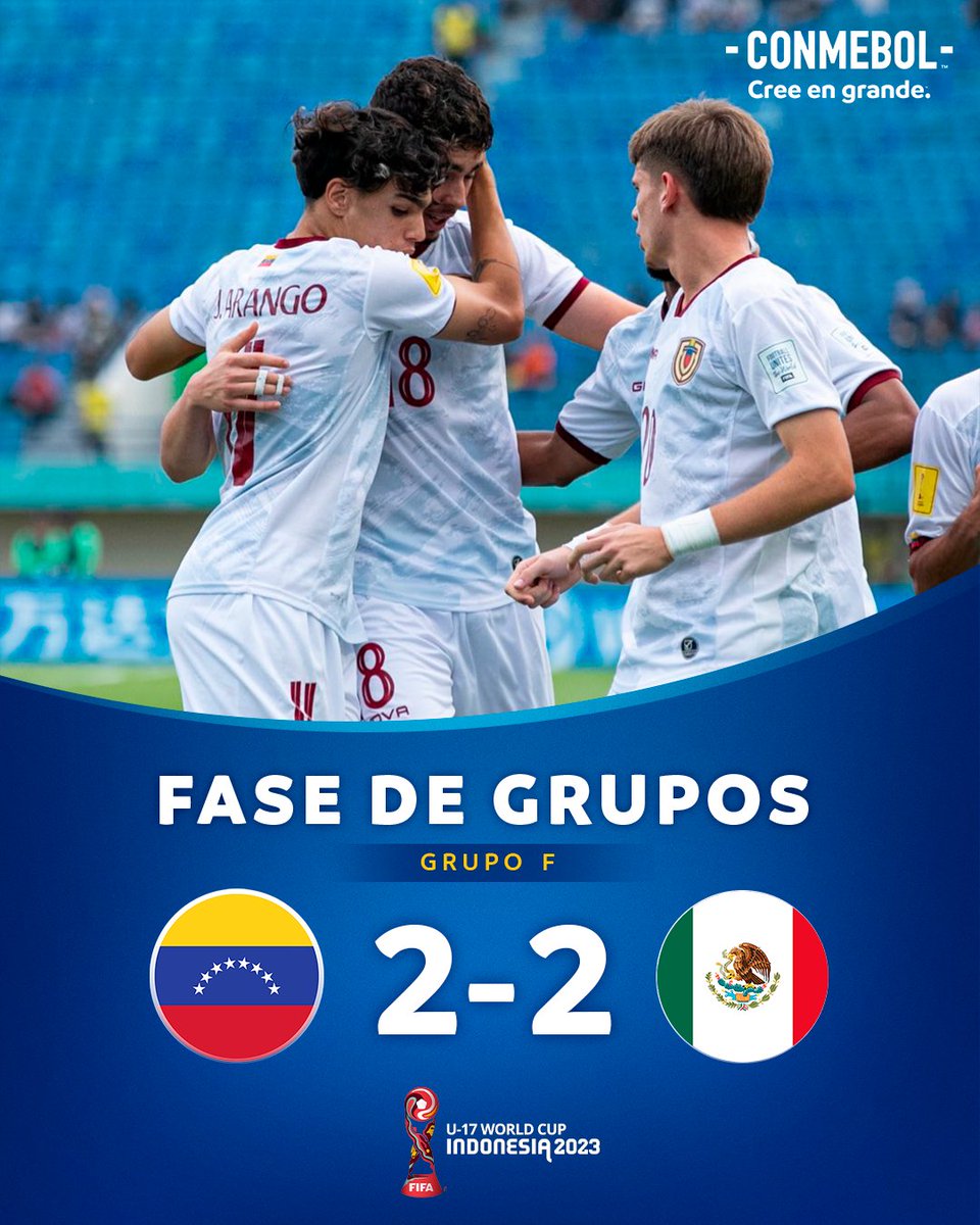 CONMEBOL's tweet photo. ¡Final del partido! @juvenilesfvf empató con #México en un partidazo 🇻🇪🤝

Empezó arriba con gol de Alejandro Cichero, se quedó con 10 jugadores y se lo dieron vuelta, pero logró la igualdad sobre el cierre a través de un penal de Nicola Profeta ⚽️

#CreeEnGrande https://t.co/tAtFRTD1lt