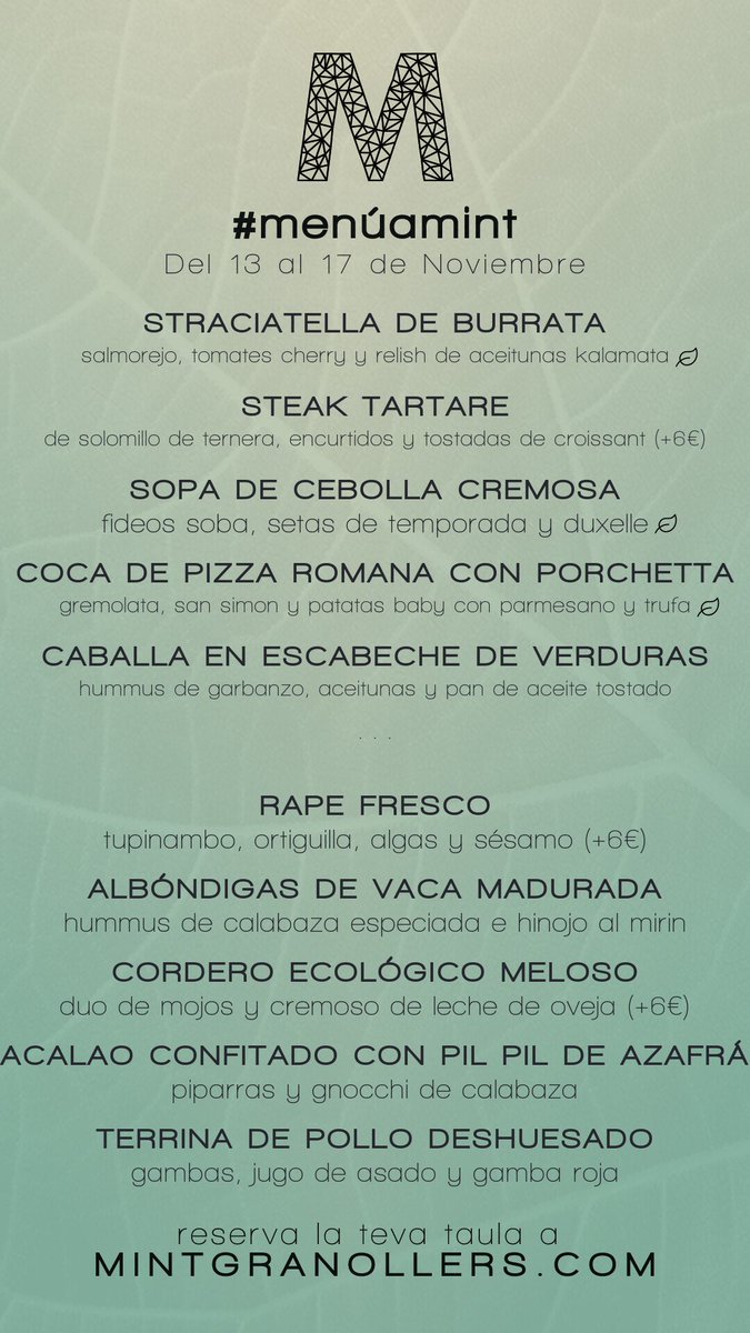 mintgranollers's tweet photo. El #menúamint: Del 13 al 17 de Novembre
El #menúenmint: Del 13 al 17 de Noviembre
The #setlunchmenu: From 13th through 17th November
Le #menúamint: Du 13 au 17 novembre

#mint #restaurant #granollers https://t.co/vsZVIT78iK