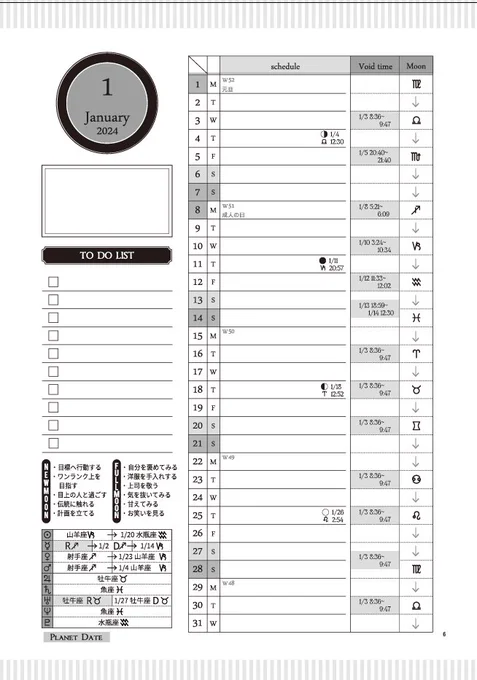 スケジュール帳、ボイドタイムと月と惑星の運行、逆行とコメントと年占い、月占いが入って、なかなか細かくて狂気の沙汰。2色刷りもたいへんね・・・ 