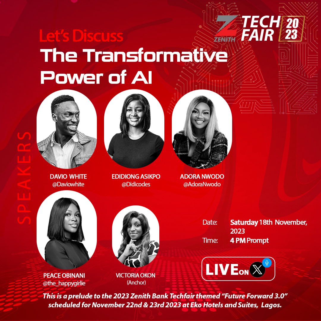 Daviowhite's tweet image. I’d be speaking at Zenith bank’s tech fair space. 
How has AI transformed the way you work?

#ZBTechFair2023 #ZenithBankTechFair2023 #FutureForward3