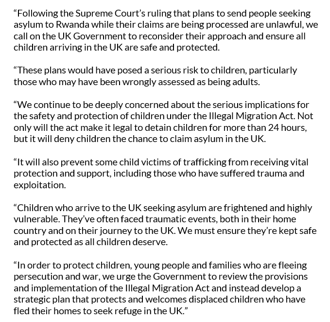 We welcome the Supreme Court’s ruling that deporting asylum seekers to #Rwanda is unlawful. These plans would have posed a serious risk to children. The UK government must reconsider and ensure all children arriving in the UK are safe and protected. Read our joint statement 👇