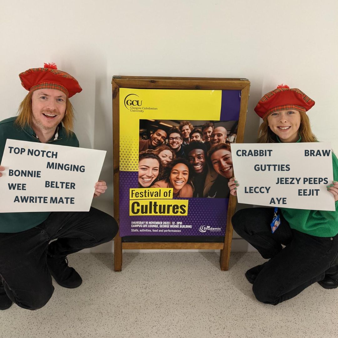 Thurs 16 Nov is Festival of Cultures at GCU 🤗 We've been asking students what their favourite Scottish slang words are ahead of the Festival of Cultures tomorrow 🥰 ▶️12pm-3pm, Campus life Lounge ▶️ 6-9:30pm, Re:Union Bar 👉bit.ly/40vQ1Gq
