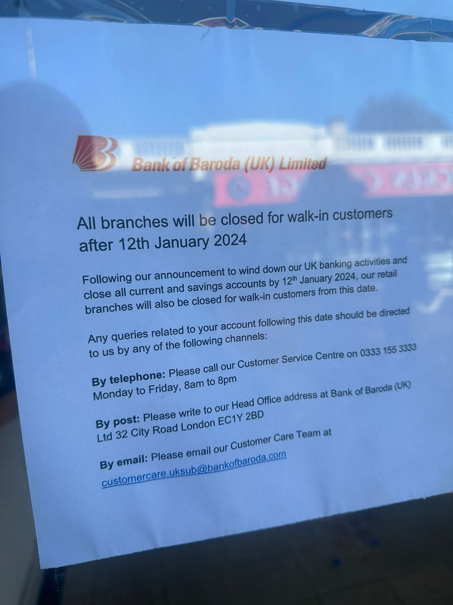 .@bankofbaroda (UK) Limited , who have a branch at 39 Upper #Tooting Road, are closing all their branches for walk-in customers after 12th January 2024. More info via bankofbarodauk.com/announces-its-…