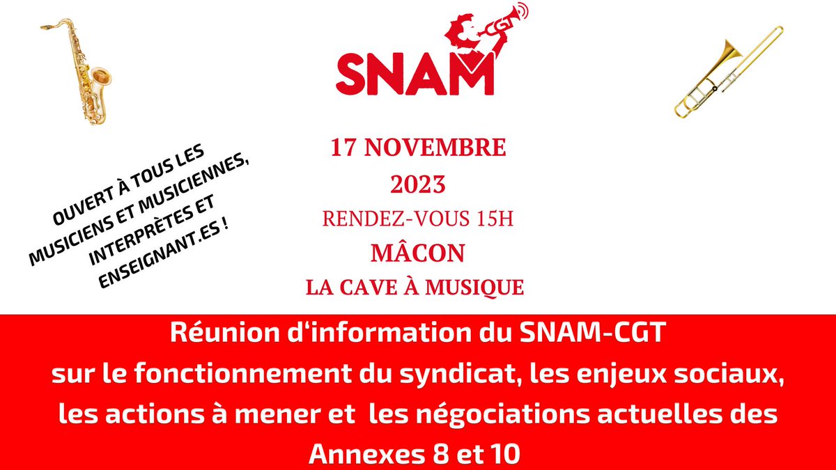 Musiciens et musiciennes CGT (@snam_cgt) on Twitter photo Musicien-nes de Saone-et-Loire : ce vendredi réunion publique à Mâcon !
Venez rencontrer les militant-es et la direction du SNAM pour parler de vos droits et vos problématiques.
RDV à 15h à la Cave à Musique !
fb.me/e/ewbag2X8l
<a href="/cgt_spectacle/">CGT SPECTACLE</a> Musicien-nes de Saone-et-Loire : ce vendredi réunion publique à Mâcon !
Venez rencontrer les militant-es et la direction du SNAM pour parler de vos droits et vos problématiques.
RDV à 15h à la Cave à Musique !
fb.me/e/ewbag2X8l
<a href="/cgt_spectacle/">CGT SPECTACLE</a>