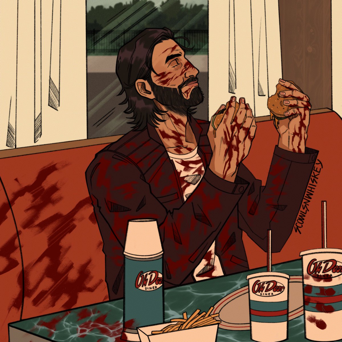 scowlsnwhiskey's tweet photo. it’s ketchup! probably. maybe.

does Scratch deserve a burger? no, but he’ll take 2 anyway

#AlanWake #AlanWake2 https://t.co/QyIzffZEqN