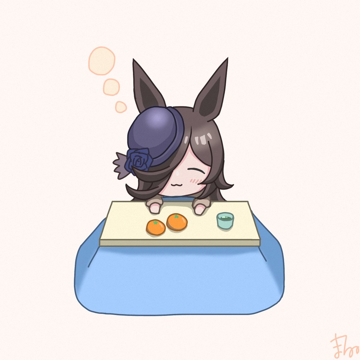 rice shower (umamusume) 1girl kotatsu solo animal ears horse ears table fruit  illustration images