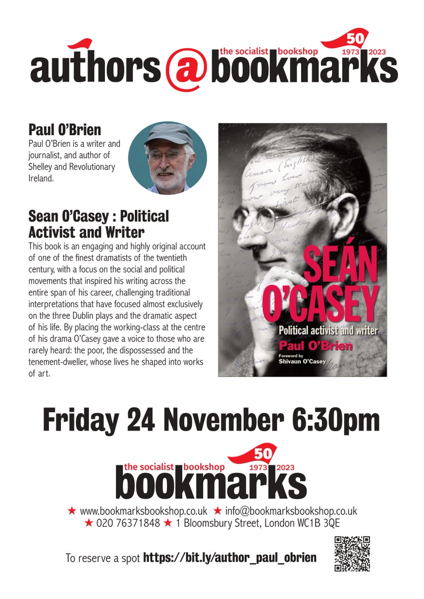 Paul O'Brien's book 'Seán O'Casey: Political activist and writer', published by @CorkUP, will be launched in London on Friday 24th November at 6.30 pm at Bookmarks, Britain's leading socialist bookshop, at 1 Bloomsbury Street, London, WC1B3QE. Book at bit.ly/author_paul_ob…