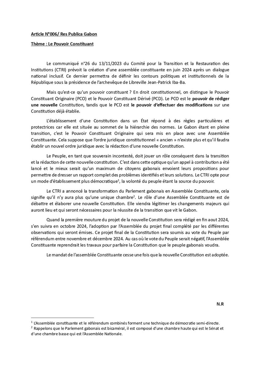 Bonjour TT241,
Après le communiqué numéro 26 du CTRI, on a décidé d’écrire un article sur le pouvoir constituant pour permettre à tout le monde d’avoir une idée claire sur ce que c’est.
On vous souhaite une excellente lecture &amp; on attend vos retours.
#RT #ResPublica 🇬🇦