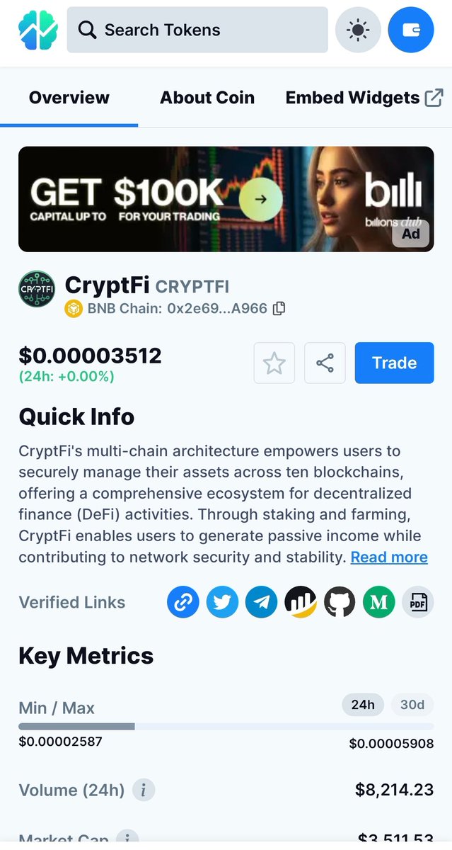 Cryptfiproject's tweet photo. "Exciting news! CryptFi is now listed on CoinBrain. 🚀 Explore the potential of $CRYPTFI at https://t.co/1dZxeKmcY9. #Cryptocurrency #Listing #CryptoNews" https://t.co/EGKAfT4Xsj