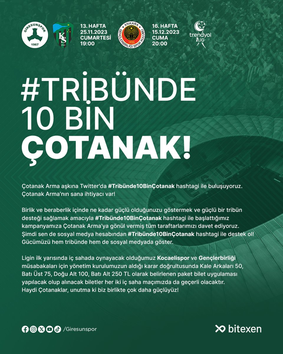 Çotanak Arma aşkına Twitter'da #Tribünde10BinÇotanak hashtagi ile buluşuyoruz. Çotanak Arma'nın sana ihtiyacı var! 

Birlik ve beraberlik içinde ne kadar güçlü olduğunuzu göstermek ve güçlü bir tribün desteği sağlamak amacıyla #Tribünde10BinÇotanak hashtagi ile başlattığımız