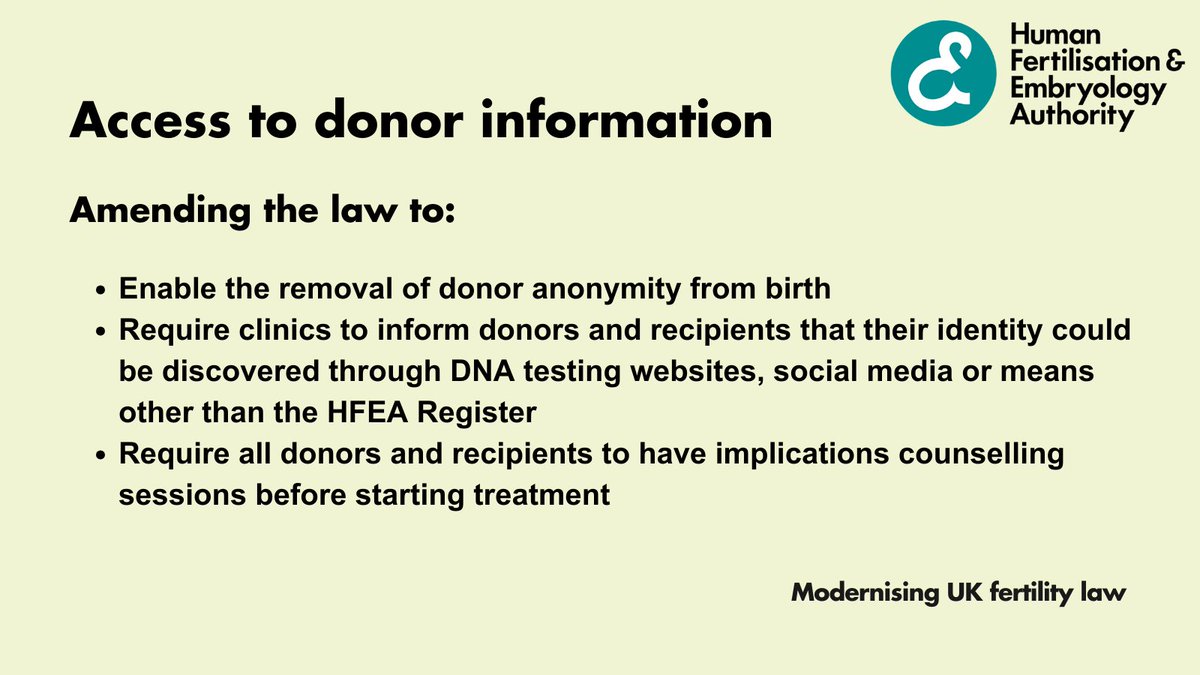 Yesterday, we published the proposals to modernise fertility law. The recommendations on donor anonymity and accessing donor information are listed below. Find out more: bit.ly/471YxQ5 #Fertility