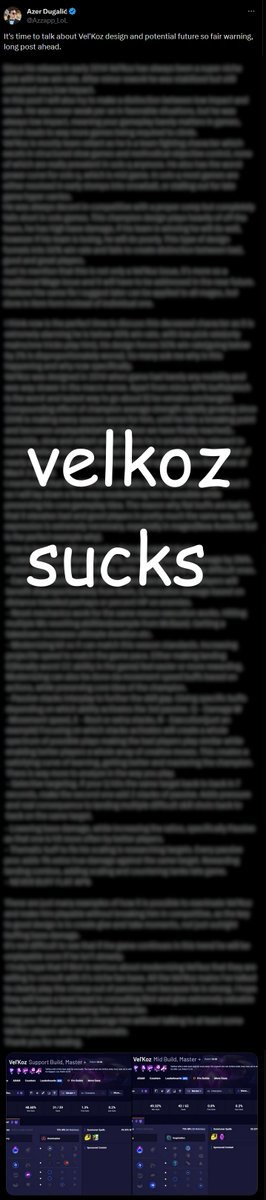 Azer Dugalić on X: @RiotPhroxzon Fix pls, 45% win rate on a champ without  crazy risk potential is absurd. There is only so much you can mess up on  Vel'Koz, that's why