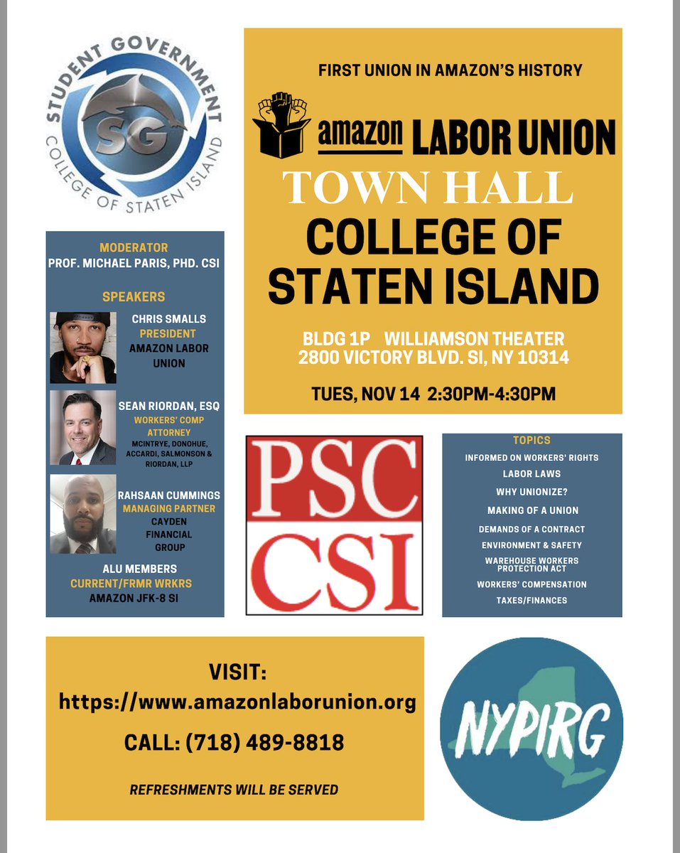 psc_csi's tweet photo. Thanks to everyone who came to the Town Hall at CSI yesterday! We were thrilled to hear from Chris Smalls, Amazon's first-ever union president, and to welcome some of our elected officials to campus! https://t.co/x9Xghg5cHY