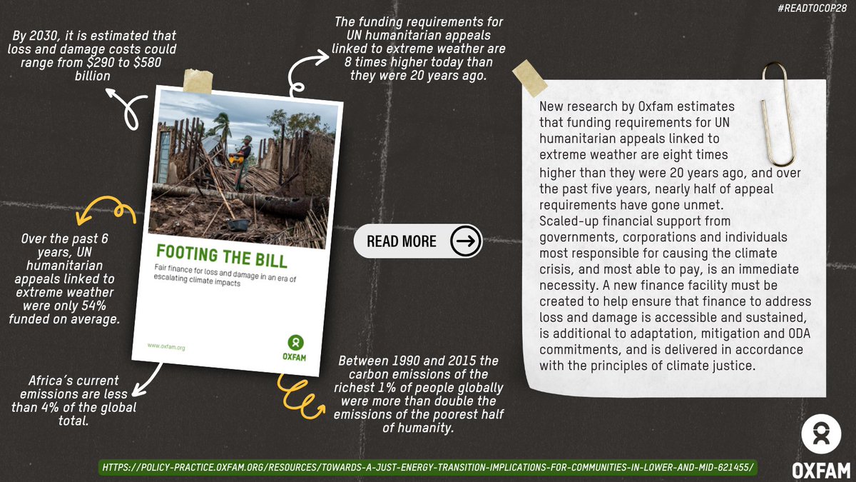 oxfamgbpolicy's tweet photo. #COP28UAE is in 15 days! Join us as we #ReadtoCOP28.Today's paper, #FootingTheBill, explains why the world desperately needs scaled-up financial support from governments, corporations and individuals most responsible for causing the climate crisis.
https://t.co/tTD43OJyvM https://t.co/ag0QDJ5Olw