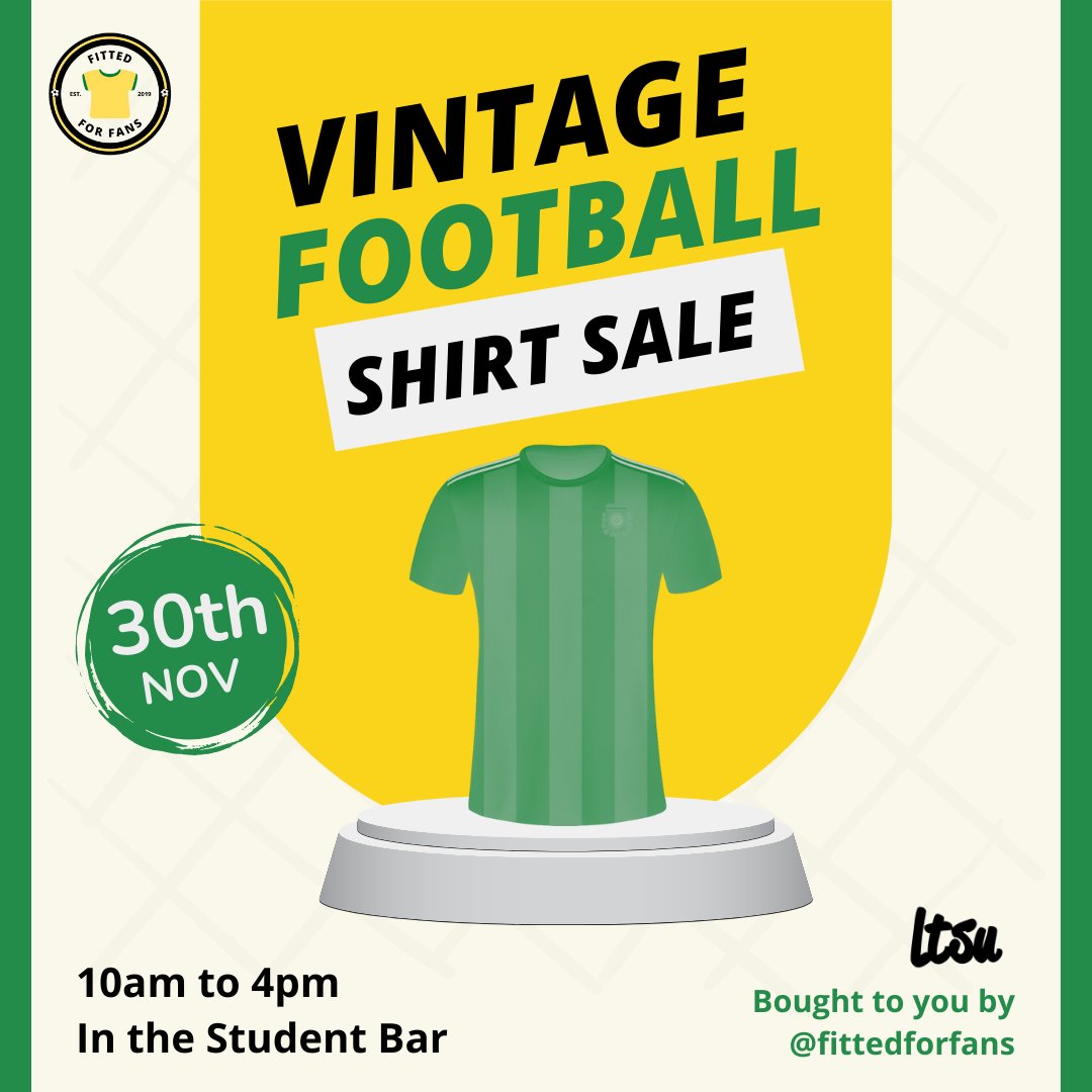 leedstrinitysu's tweet photo. Did you miss a limited edition shirt from your favourite club? Score big at our Vintage Football Shirt Sale! We're bringing top stock from all your beloved clubs. Brought to you by @fittedforfans. ⚽👕
#LTSU #VintageShirts #Football #ScoreABargain #FittedForFans https://t.co/TeVXHrg9Sm