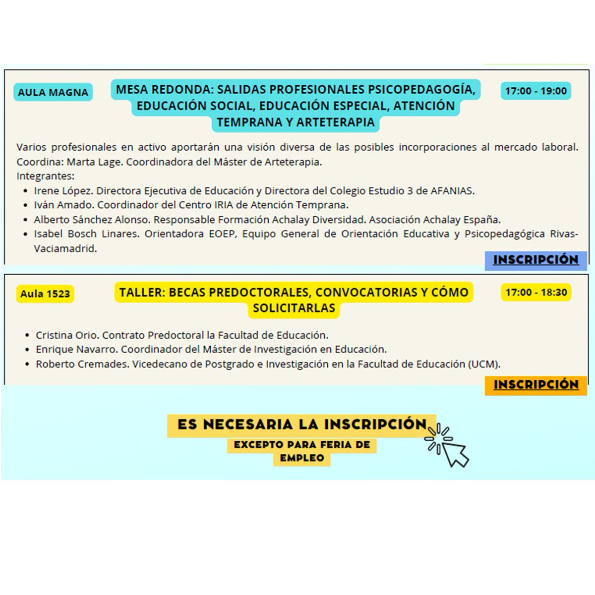 El próximo miércoles 22/11/2023 nuestra <a href="/ucm_educacion/">Facultad Educación UCM</a> celebra la Jornada de Salidas Profesionales y Feria de Empleo. 
Aquí tenéis el cartel y el programa de las actividades que se han programado desde el <a href="/soueducacion/">SOU Educación</a> y <a href="/ope_ucm/">OPE UCM</a> 
Inscripción: acortar.link/qpN8EM