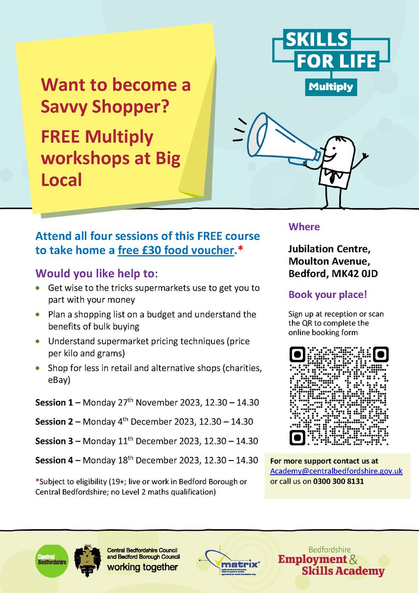 bedsrcc's tweet photo. Skills for Life - Multiply are offering FREE money skills workshops at the Jubilation Centre. Next up are the Savvy Shopper sessions from Monday 27th November. Interested? Register by emailing dave.hodgson@bedsrcc.org.uk.
#savvyshopper #mathsworkshops #mathscourses #freeworkshop https://t.co/f8TF8DaUhT