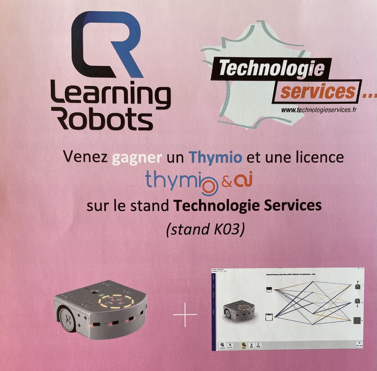 Venez gagner un robot Thymio et une licence AlphAI en venant nous voir sur le stand Technologie Services (K03) à ⁦<a href="/educatechexpo/">Educatech Expo</a>⁩ ! ⁦<a href="/TechnologieSer1/">Technologie Services</a>⁩ ⁦<a href="/AxelHaentjens/">Axel Haentjens</a>⁩ ⁦<a href="/thomasdeneux/">Thomas Deneux</a>⁩