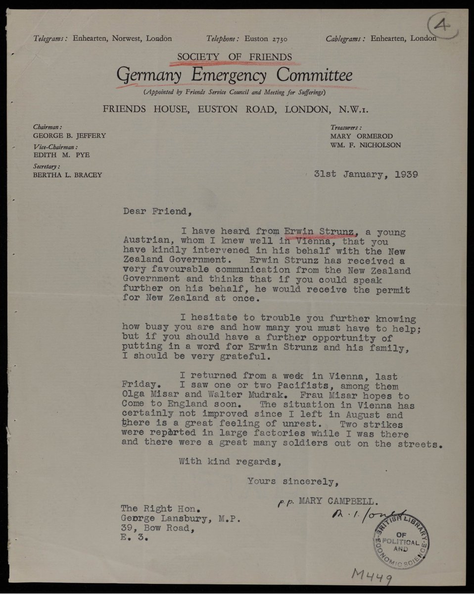 There are many letters from refugee organisations and individuals addressed to George asking for help escaping the Nazis. One example shows George intervening on behalf of Erwin Strunz, a young man from Austria, to help him emigrate to New Zealand. Page 7 lse-atom.arkivum.net/uploads/r/poli…