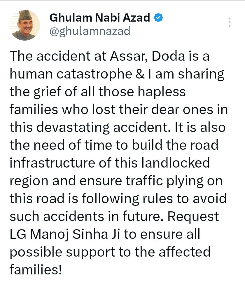 Ghulam Nabi Azad shared the grief of all the families who lost their dear ones in Doda bus accident.

#ghulamnabiazad
#Dodabusaccident