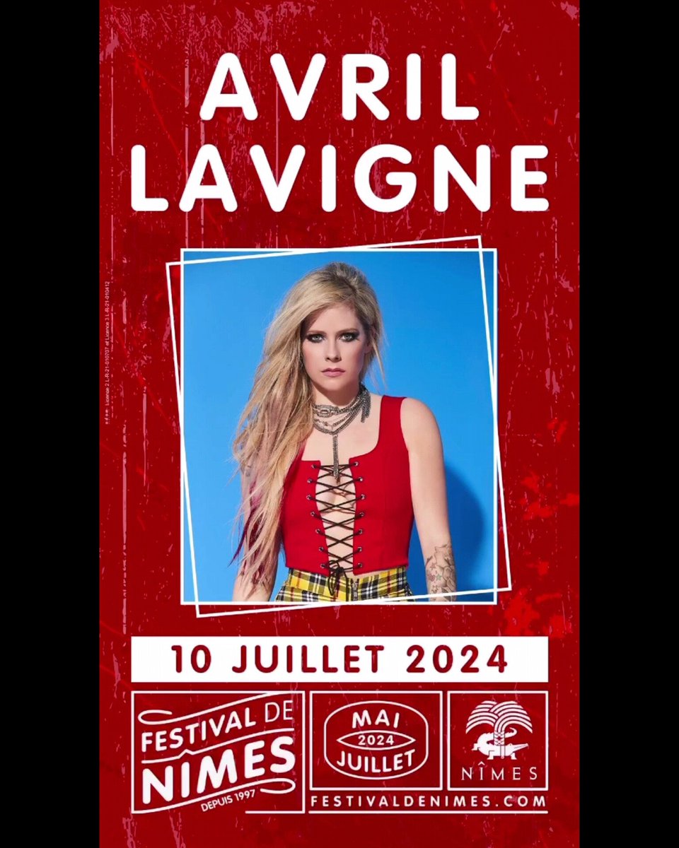 Avril Lavigne in France!
Avril Lavigne will perform at Festival De Nimes next year, July 10th 2024, Nîmes Arena, Nîmes
Tickets: festivaldenimes.com/avril-lavigne/

#AvrilLavigne #FestivalDeNimes