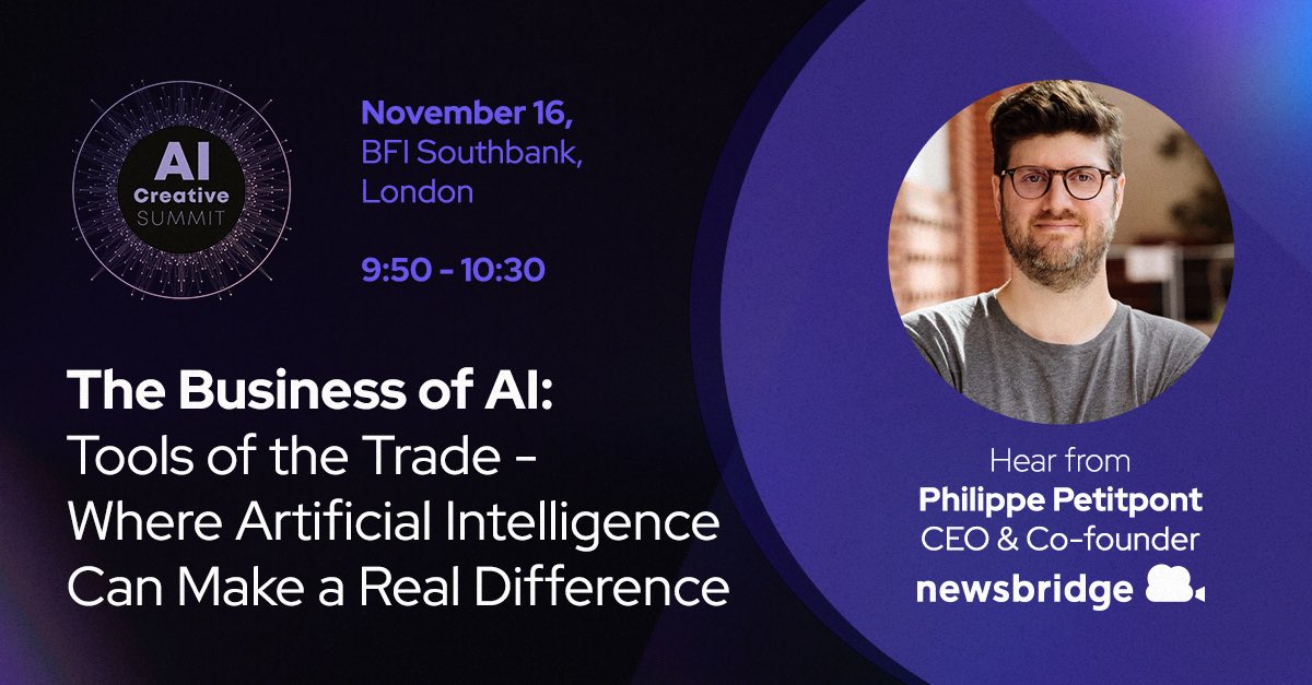 Speaking at AI Creative Summit, London, Nov 16! Join me, with my colleagues from <a href="/BBCRD/">BBC Research & Development</a>, <a href="/ITV/">ITV</a>, <a href="/FIAFormulaE/">Formula E</a>, Bailey AI film and moderator <a href="/MariaIngold/">Maria Ingold</a>. We’ll discuss AI’s leap from automation to empowering creativity. #AICreativeSummitUK <a href="/Broadcast_TECH/">Broadcast Tech</a> @newsbridge_io