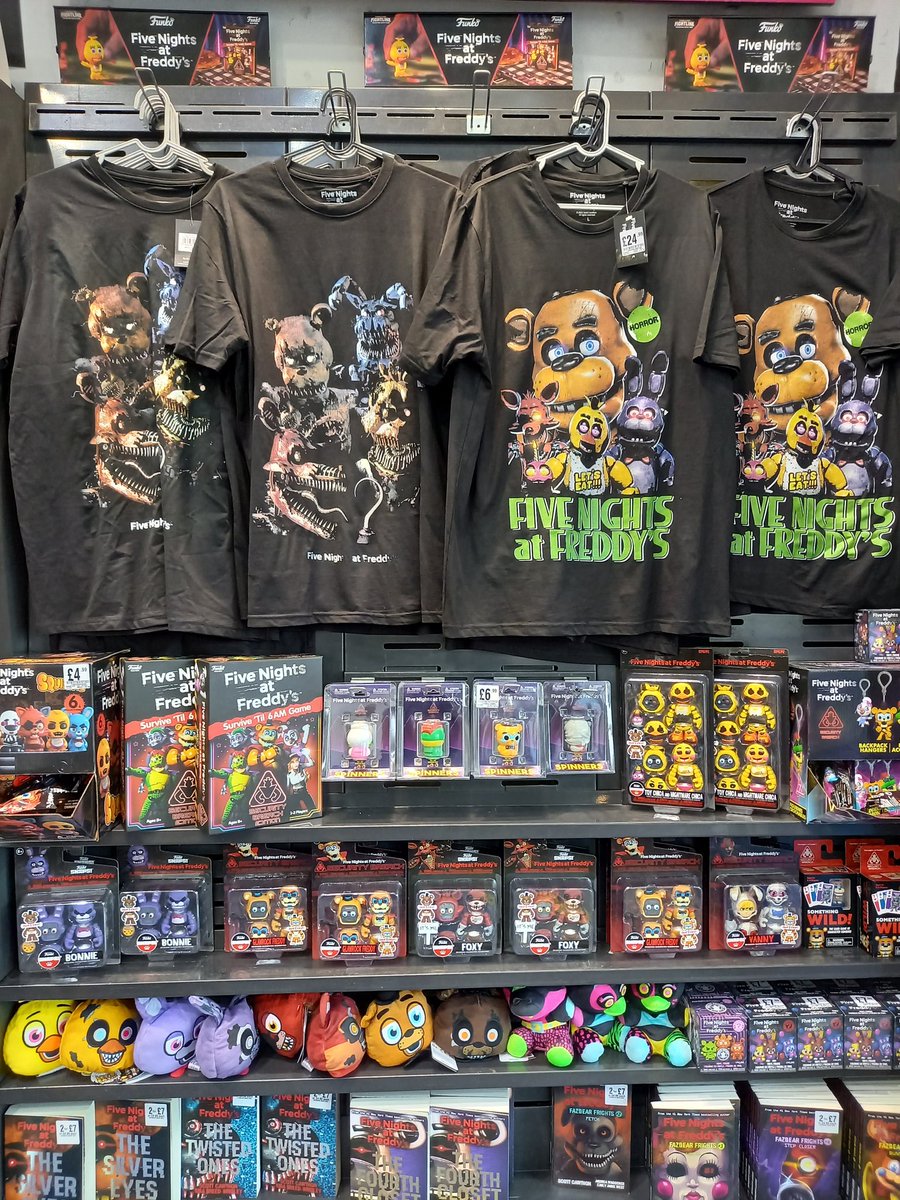 Back in stock!! 📣 📣📣
#FiveNightsatfreddys #tshirts 
And loads of other cool #merch 
#FunkoPop Bag clips #collectables 
#plushies Boardgames &amp; 2 for £7 on the #books
#giftideas 😍🎄👍 #hmvforthefans #PopCulture