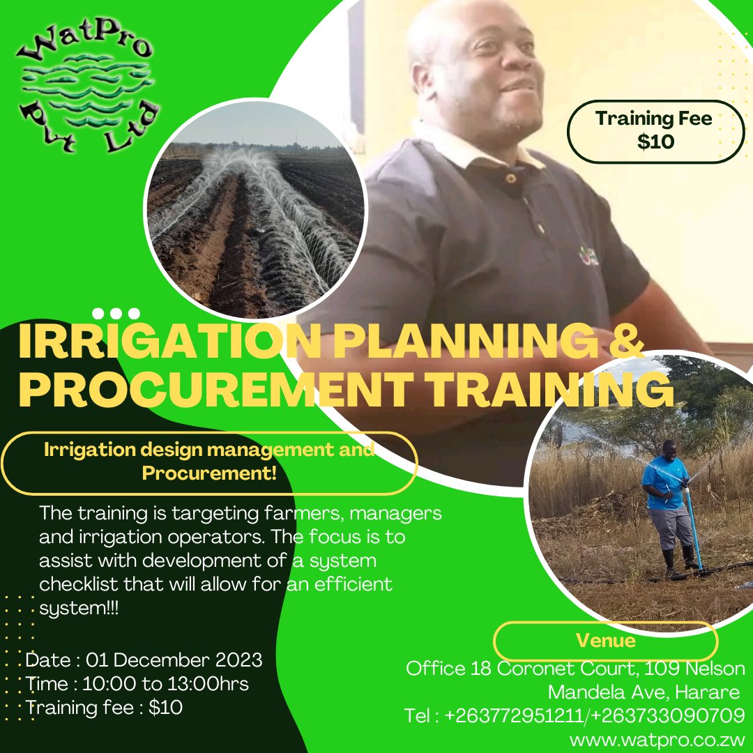 Let's come and discuss the things to look out for as you procure and plan your irrigation system. Date 01 December 2023 from 10:00 to 13:00. For booking call or app 0733090709