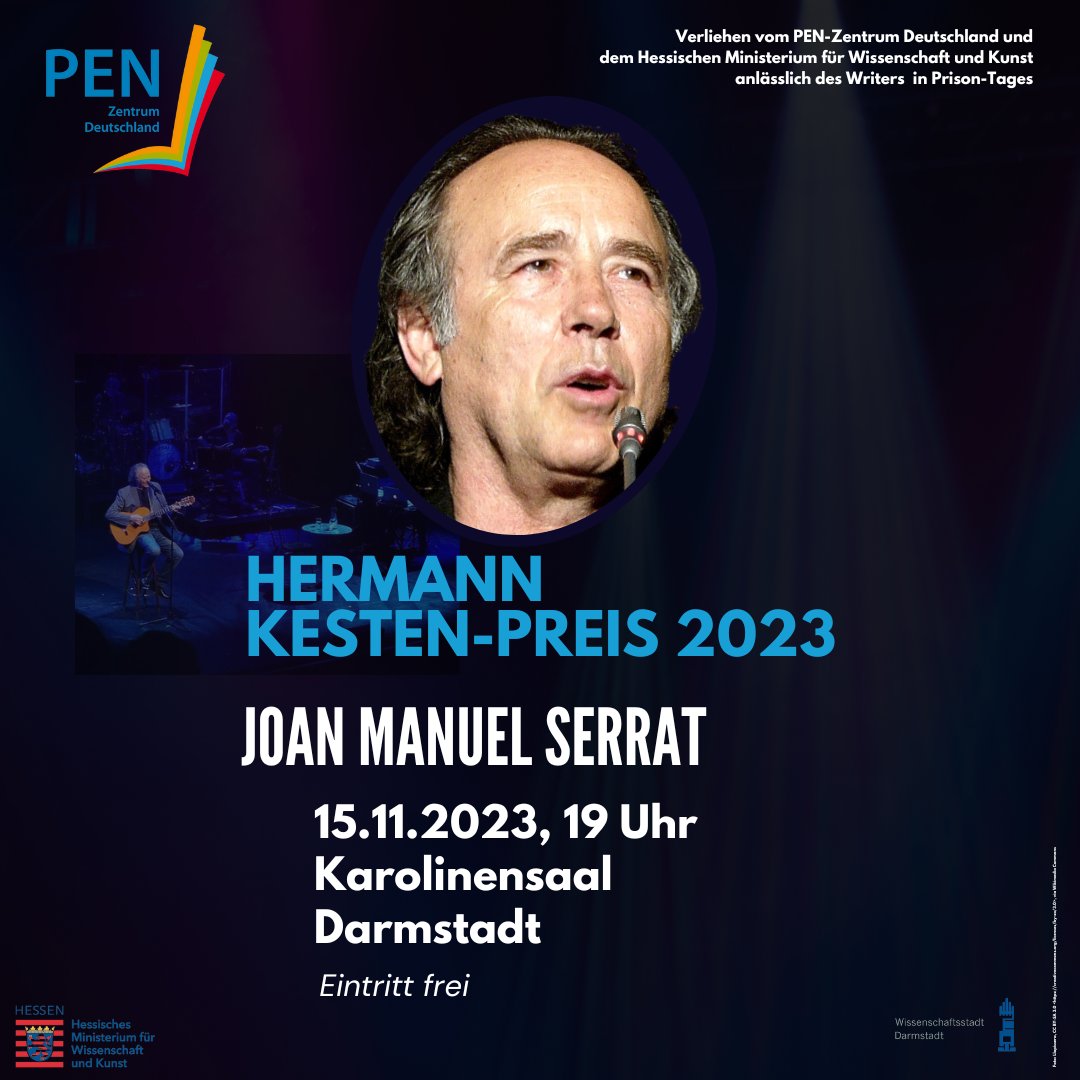 Heute Abend erhält der spanische Schriftsteller &amp; Sänger Joan Manuel Serrat, der einst gegen das mörderische Franco-Regime seine Stimme erhob und als Vertreter einer resistencia poetica ins Exil gehen musste, den Hermann Kesten-Preis 2023! Weitere Infos ⬇️
bit.ly/47bW8m4
