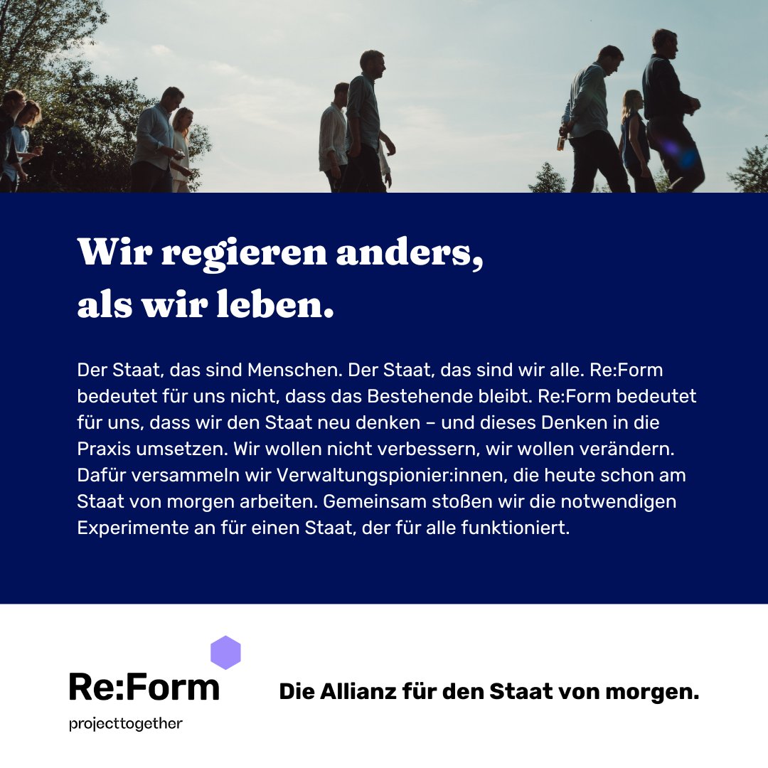 🚀 Wir starten Re:Form - die #Allianz für den #Staat von morgen. Gemeinsam mit Verwaltungspionier:innen wollen wir über alle föderalen Ebenen, Ressorts und Hierarchien hinweg in der Praxis vormachen, wie eine zukunftsfähige #Verwaltung aussehen kann. Mehr: bit.ly/3FXLqn6