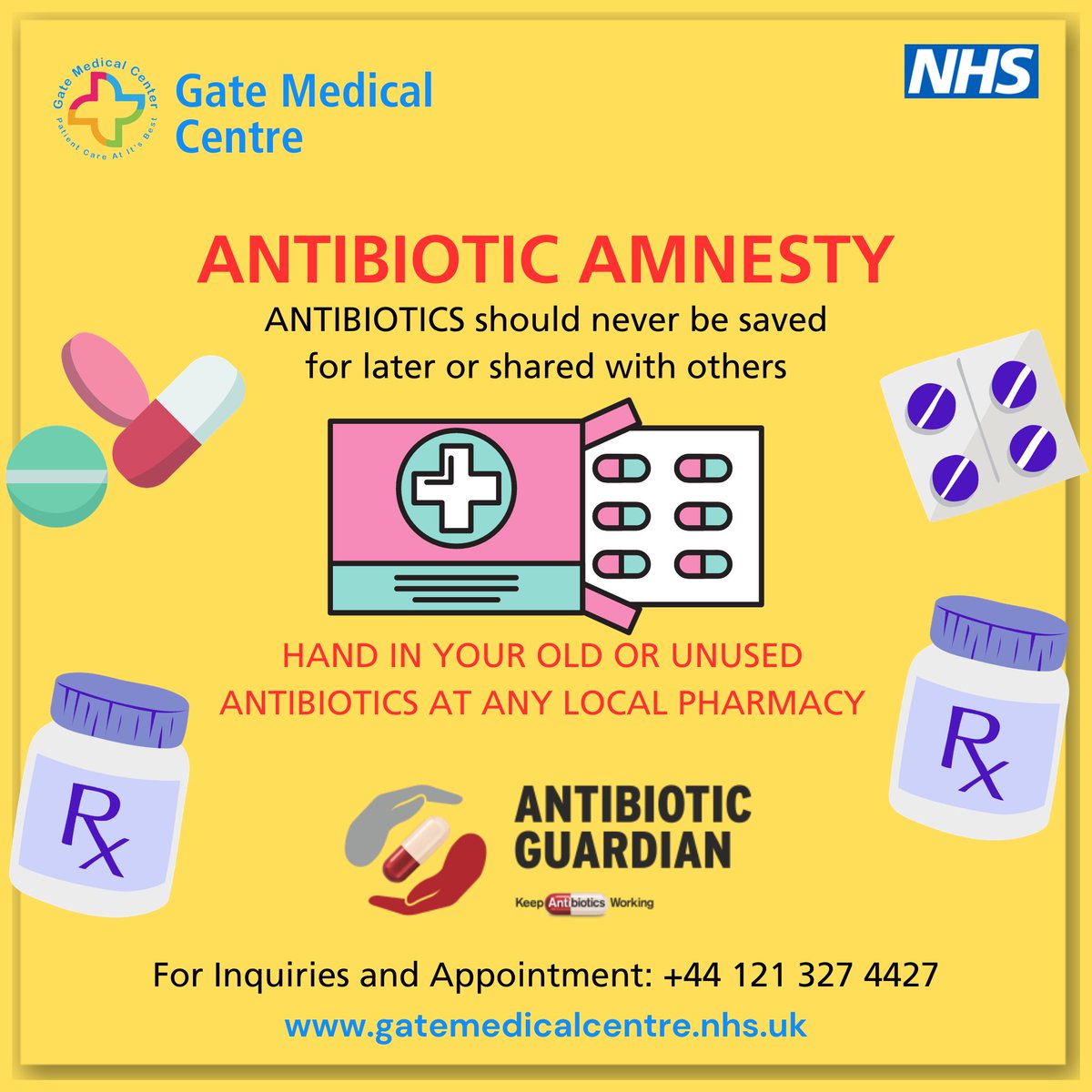 An #AntibioticAmnesty is being held this month.
💊 You can help us keep antibiotics working by taking your old or unused antibiotics to a local pharmacy, where they will be disposed of safely.
#gatemedicalcentre #NHS #uk #antibiotic #healthcare
