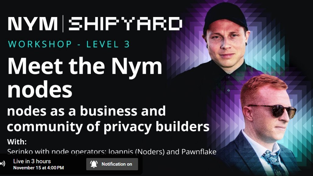 Today's schedule of #NymShipyard is here!

Operator Track - 4 PM CET

Meet Nym nodes - nodes as a business 💸
youtube.com/watch?v=pcZT81…

Visionary Track - 5:30 PM CET

Community Masterclass with <a href="/sudonymuss/">sudonym</a> and Jacky Lee 🧵
youtube.com/watch?v=jVskU_…