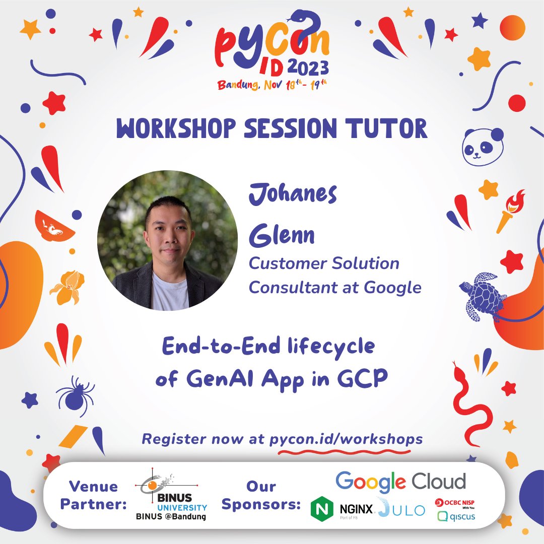 id_python's tweet image. Hello, Pythonista!
In PyCon ID 2023, there will be Workshop Sessions presented by Google Cloud. You will get benefits like GCP Credits and Workshop Materials. Let's join it!
Register yourself now at pycon.id/workshops! #PyCon #PyConID #PyConID2023 #Python #PythonID