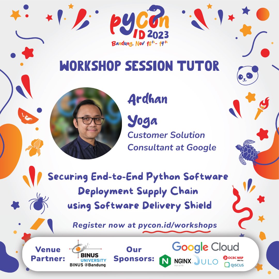 id_python's tweet image. Hello, Pythonista!
In PyCon ID 2023, there will be Workshop Sessions presented by Google Cloud. You will get benefits like GCP Credits and Workshop Materials. Let's join it!
Register yourself now at pycon.id/workshops! #PyCon #PyConID #PyConID2023 #Python #PythonID