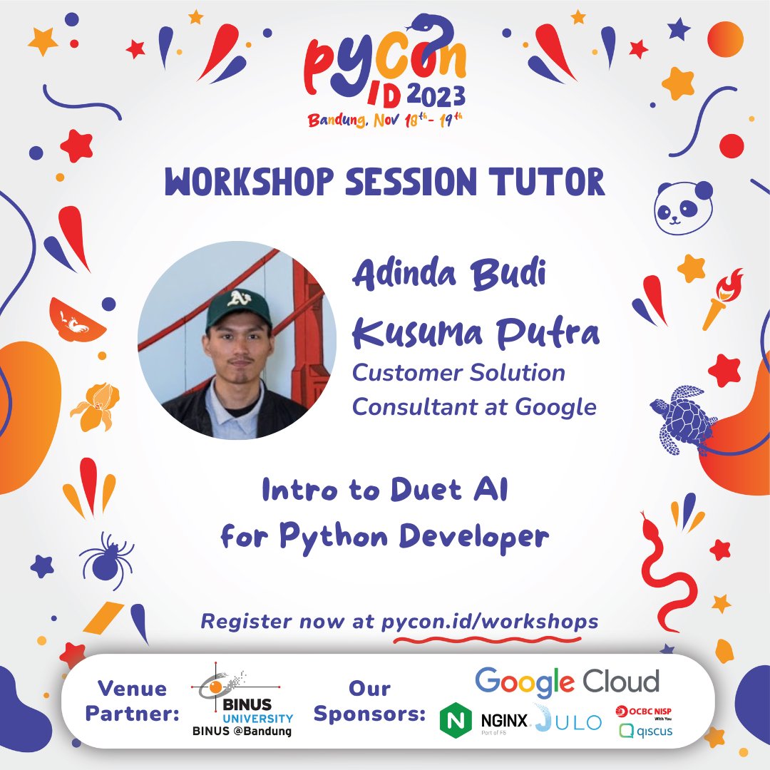 id_python's tweet image. Hello, Pythonista!
In PyCon ID 2023, there will be Workshop Sessions presented by Google Cloud. You will get benefits like GCP Credits and Workshop Materials. Let's join it!
Register yourself now at pycon.id/workshops! #PyCon #PyConID #PyConID2023 #Python #PythonID