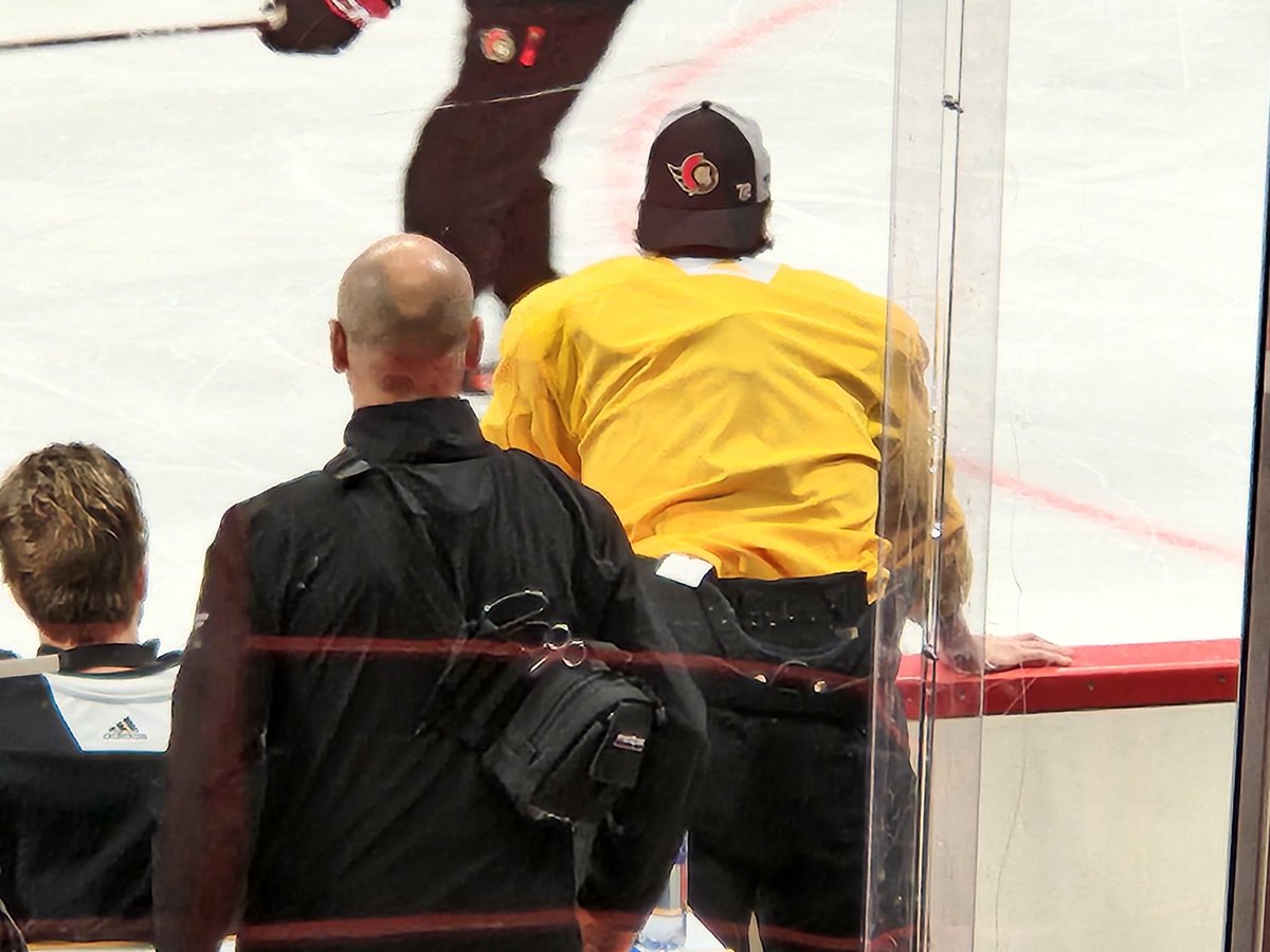 dslatertv's tweet photo. Looks as though Thomas Chabot is going to join the skate near the end, wearing a non-contact... https://t.co/uxQmckYedn