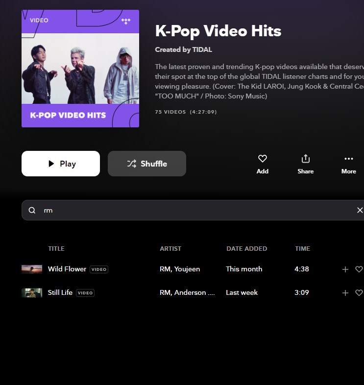 ARMYonTidal's tweet photo. #RM is currently charting 2 MVs in @Tidal's 'K-Pop Video Hits' global playlist!🔥

Wild Flower - #6 (+3)🔥
Still Life - #24 (New)🥳

📺Wild Flower: https://t.co/8KOQLINbpB
📺Still Life:https://t.co/bsRyEkcHc1
RM Essentials:https://t.co/MqsbKRdoc1

#WildFlower_RM #StillLife_RM