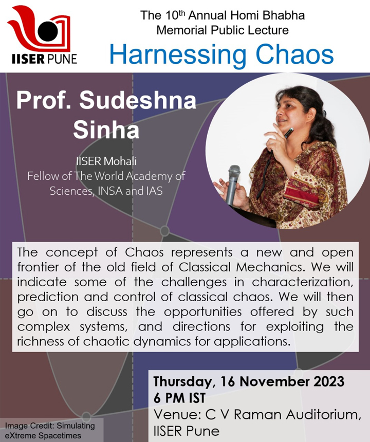 IISER Pune (@iiserpune) on Twitter photo The Annual Homi Bhabha Memorial Public Lecture organised by <a href="/IiserPphysics/">IISER Pune Physics</a> is tomorrow, Nov 16, 2023, 6 pm at CV Raman Auditorium on #IISERPune campus!
Prof. Sudeshna Sinha from <a href="/IiserMohali/">IISER Mohali</a> will be talking about the concept of chaos and its applications The Annual Homi Bhabha Memorial Public Lecture organised by <a href="/IiserPphysics/">IISER Pune Physics</a> is tomorrow, Nov 16, 2023, 6 pm at CV Raman Auditorium on #IISERPune campus!
Prof. Sudeshna Sinha from <a href="/IiserMohali/">IISER Mohali</a> will be talking about the concept of chaos and its applications