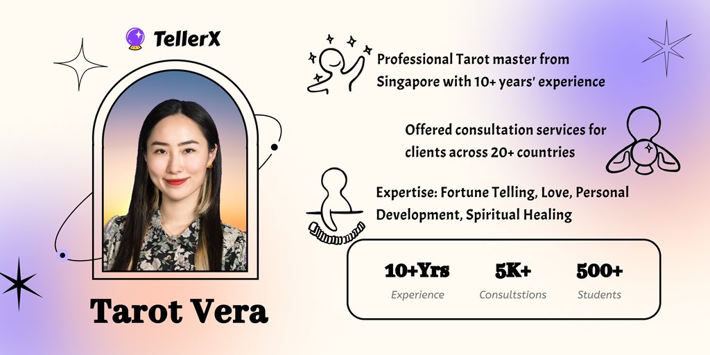 TellerXLabs's tweet photo. 🔥 Introducing #TellerX new #Tarot Master - Vera!

With 10+ yrs experience in #Tarot , she is here to unravel the mysteries of #destiny, bringing boundless wisdom and #life guidance to us💜🔮🌟 

“Fate shuffles the cards, but it's you who plays them.”🧙🏻

Join and discover a new realm of #spirituality with Vera! ✨🔍

#tarotreader