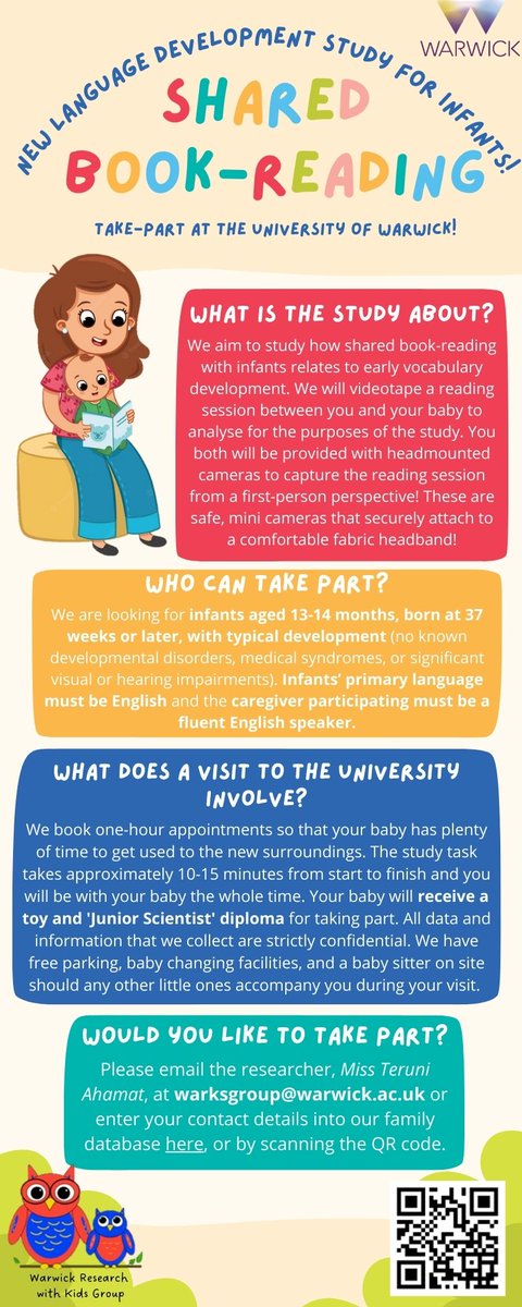 WaRKs_Group's tweet photo. Calling all families with 13-14 month olds! Take part in an exciting new study about shared book-reading with infants!
If you're interested in taking part, please email the researcher Miss Teruni Ahamat at warksgroup@warwick.ac.uk for more details! https://t.co/utI0i0GLVn