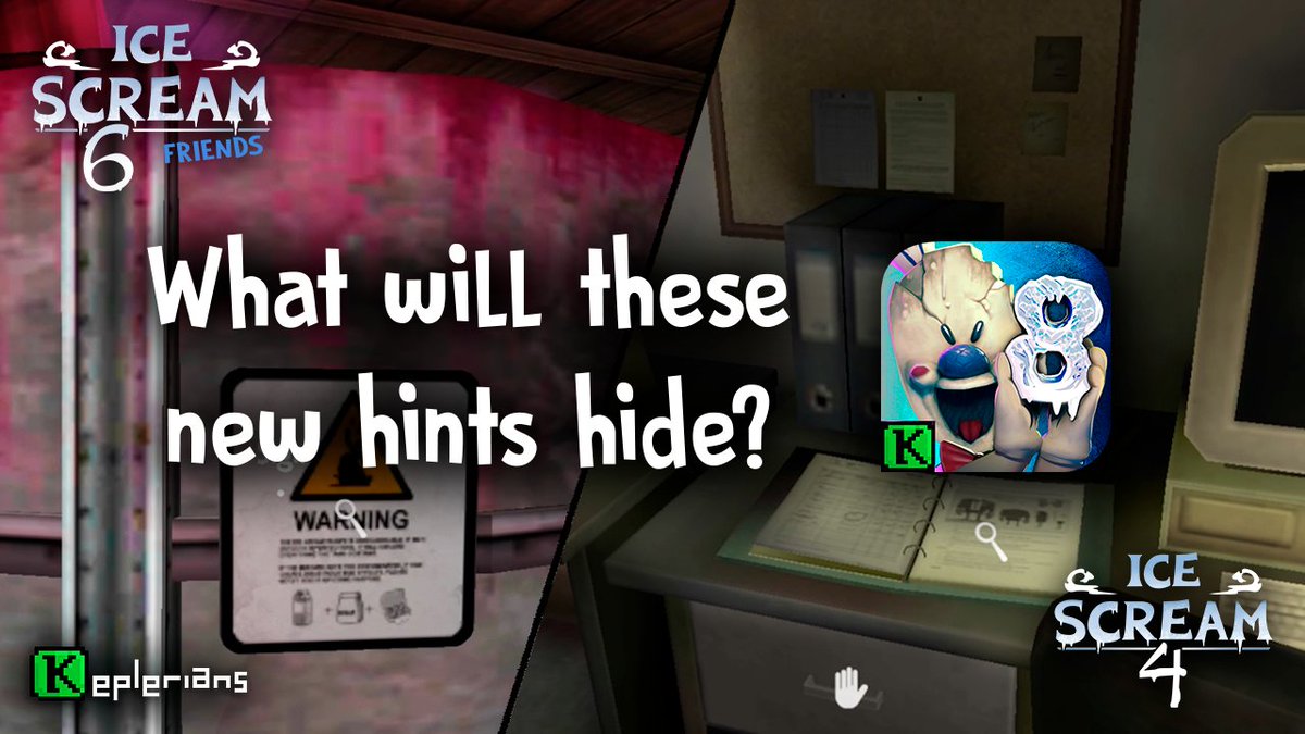 KepleriansTeam's tweet photo. Hey there, heads up! Two additional clues regarding #IceScream8 have appeared in #IceScream4 & #IceScream6 ๐ฑ This information about the robots Boris & Mati is crucial ๐ค
#Keplerians #IceScream #HorrorGames #RodSullivan https://t.co/ryYcgYfBGn
