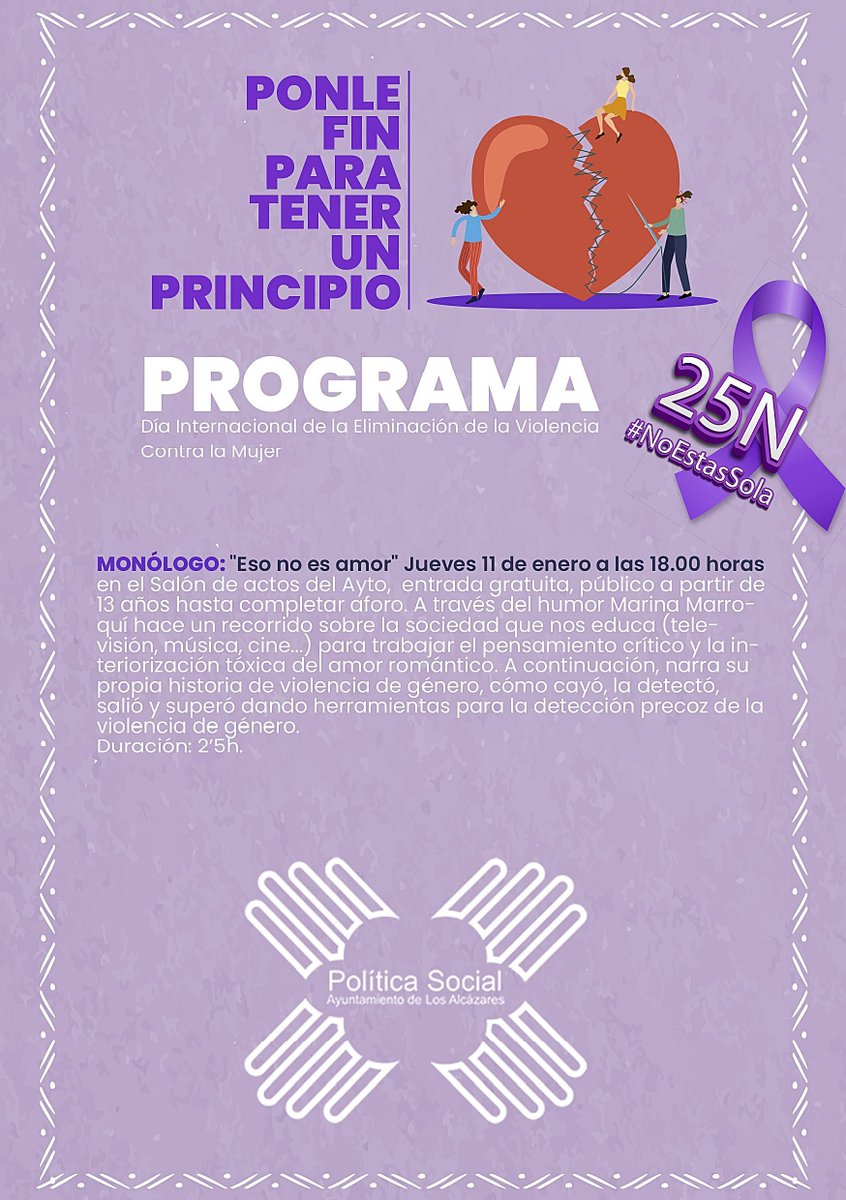 💜Diferentes actividades alrededor del #25N lucharán por erradicar la Violencia de Género en Los Alcázares.

ℹ Más información sobre todas las actividades aquí: losalcazares.es/diferentes-act…